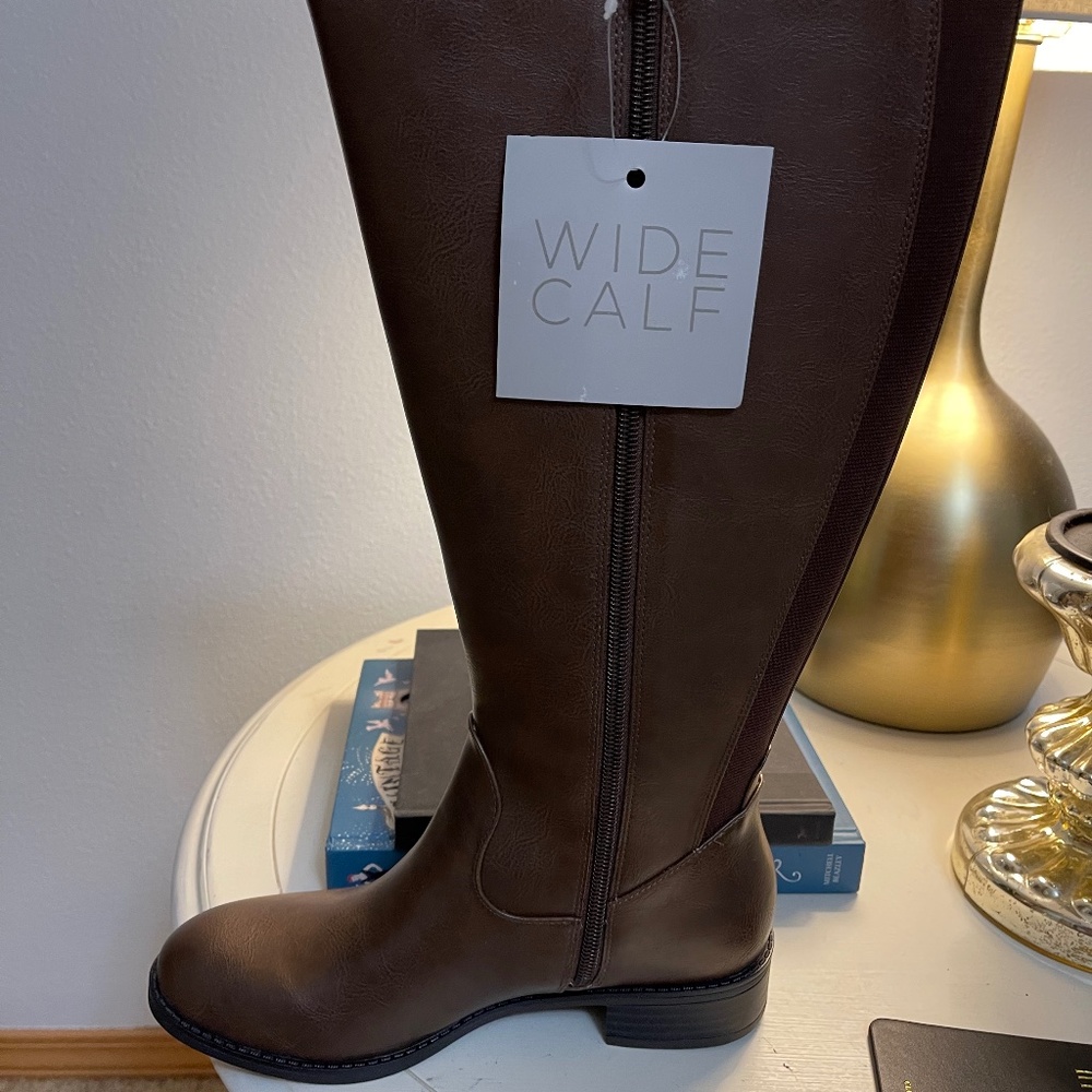 Life stride knee high wide calf boots in brown faux leather